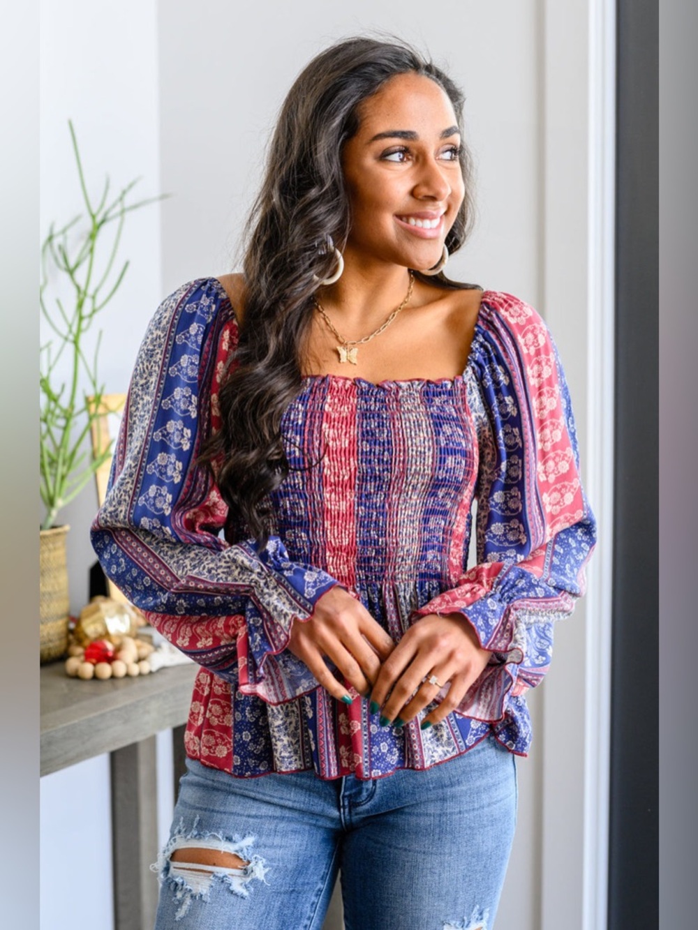 144 Sugarfox Floral Paisley Smocked Box Neck Long Sleeve Peplum Top